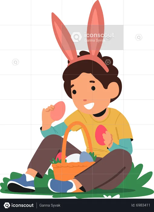 Niño elige huevos de Pascua de colores brillantes  Ilustración