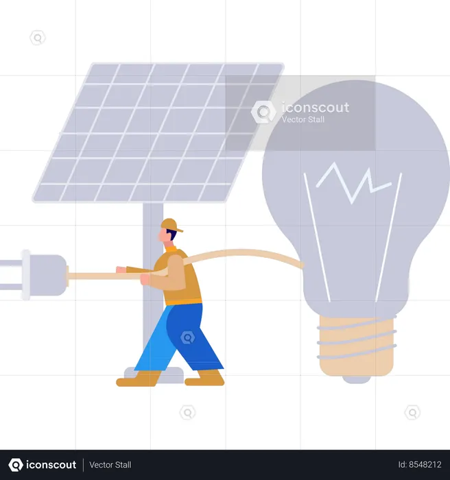 El niño está conectando la bombilla al panel solar.  Ilustración