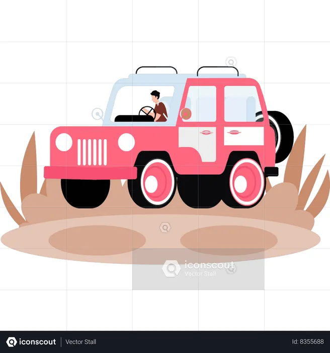 El niño está haciendo un safari por el bosque en jeep.  Ilustración