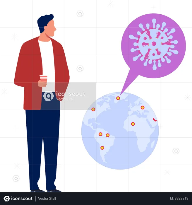 El niño está mirando el virus global.  Ilustración