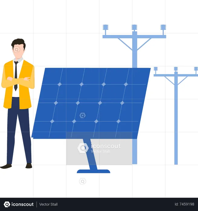 El niño está parado cerca del panel solar.  Ilustración