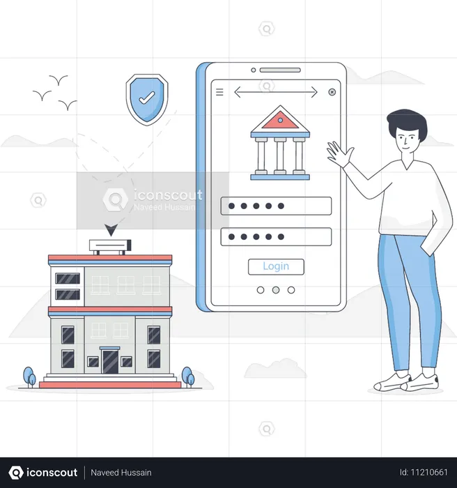 El niño está señalando la aplicación bancaria.  Ilustración