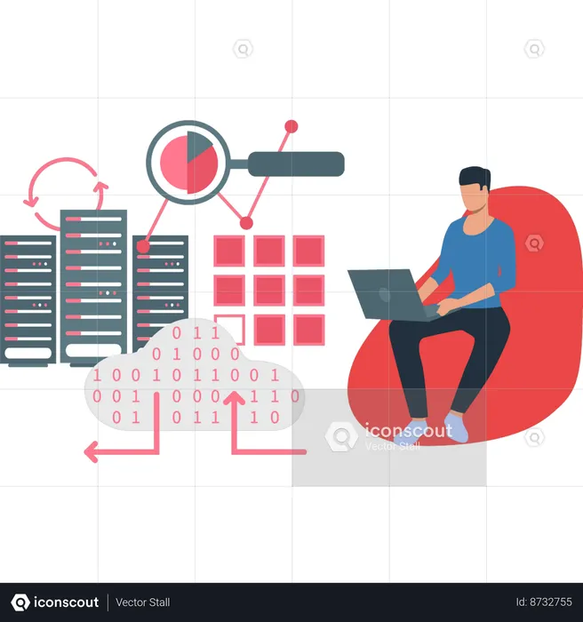 El niño está trabajando en codificación en la nube en una computadora portátil  Ilustración