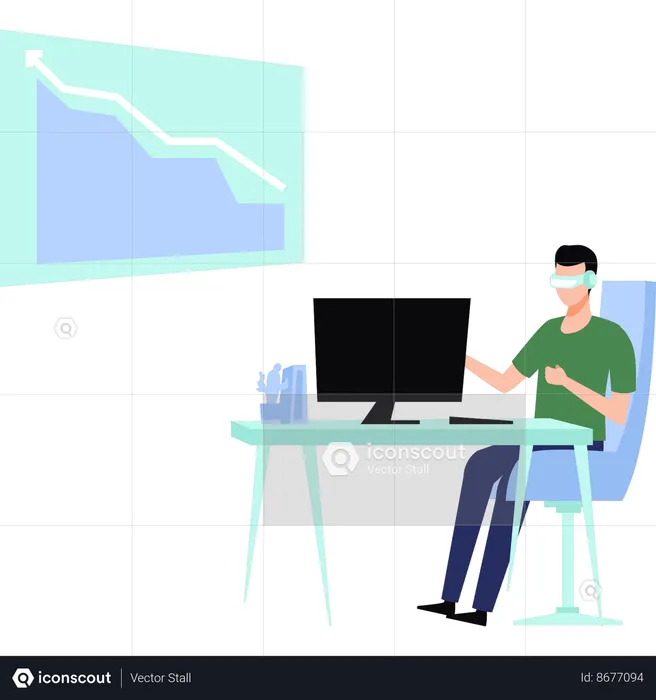 El niño está trabajando en un monitor con gafas VR  Ilustración