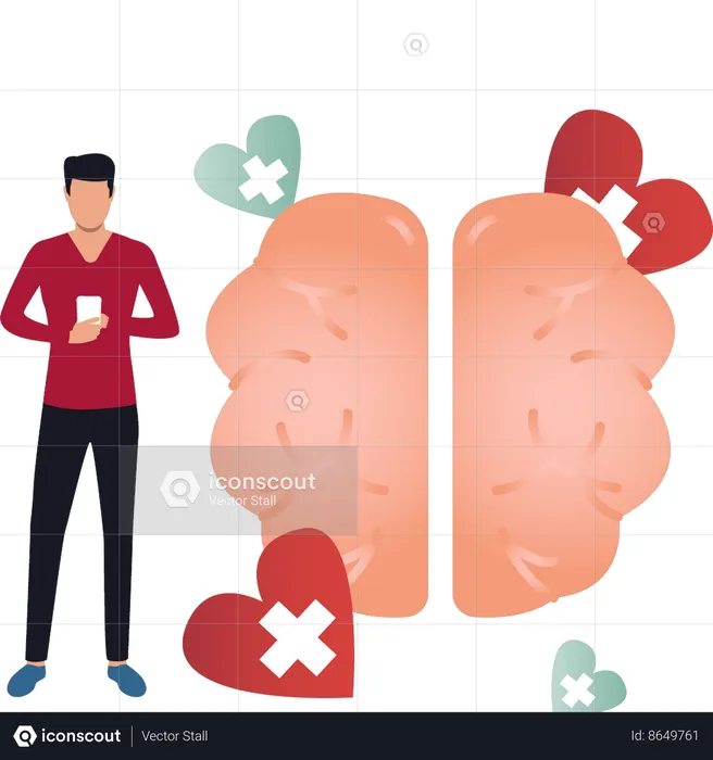 El niño usa el móvil para el sistema cerebral  Ilustración