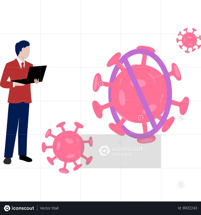 El niño está usando una computadora portátil para bloquear un virus.  Ilustración