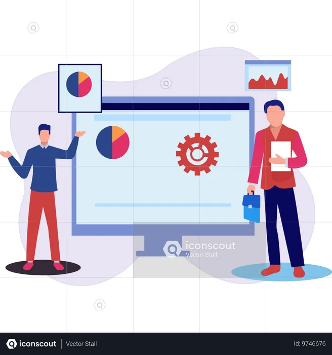 Niño explicando la configuración del gráfico al empresario  Ilustración