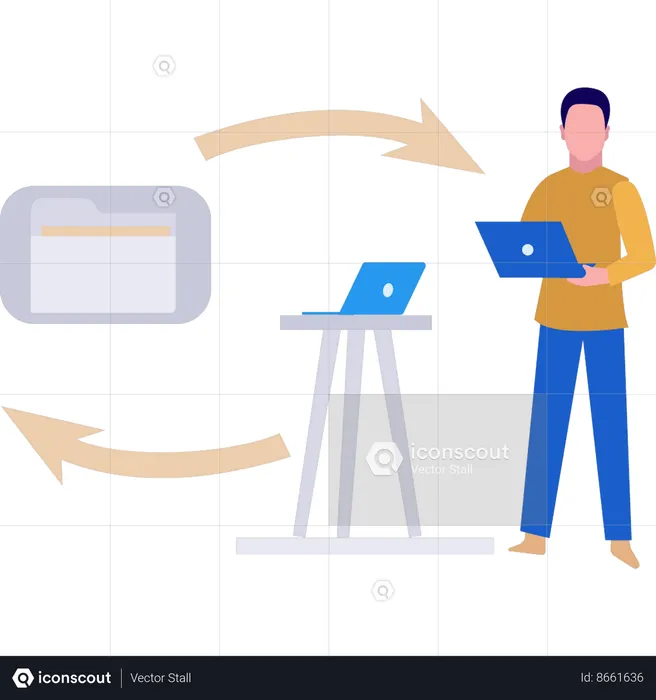 Niño exportando e importando datos de una computadora portátil a otra  Ilustración