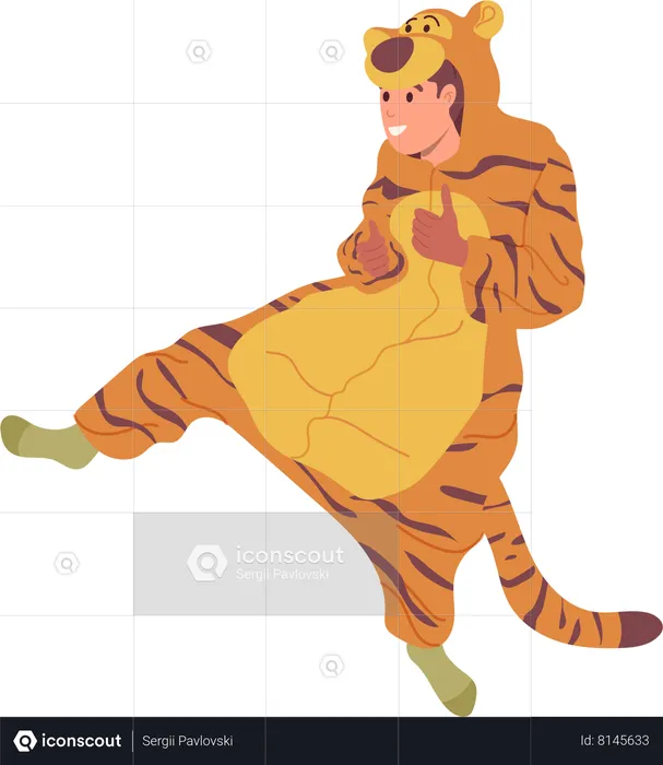 Niño feliz vistiendo disfraz de pijama kigurumi de tigre  Ilustración