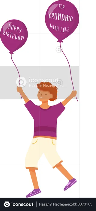 Niño feliz con globos de saludo  Ilustración