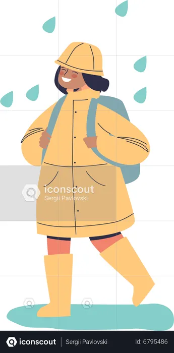 Niño feliz con impermeable caminando a la escuela con mochila protegida de la lluvia  Ilustración