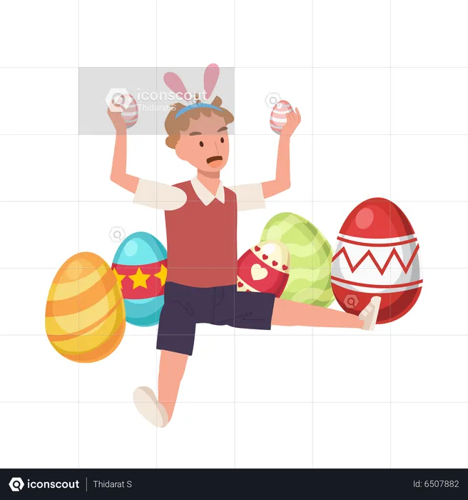 Un niño feliz con orejas de conejo sostiene un huevo de Pascua con ambas manos mientras lo rodea con otros huevos de Pascua  Ilustración
