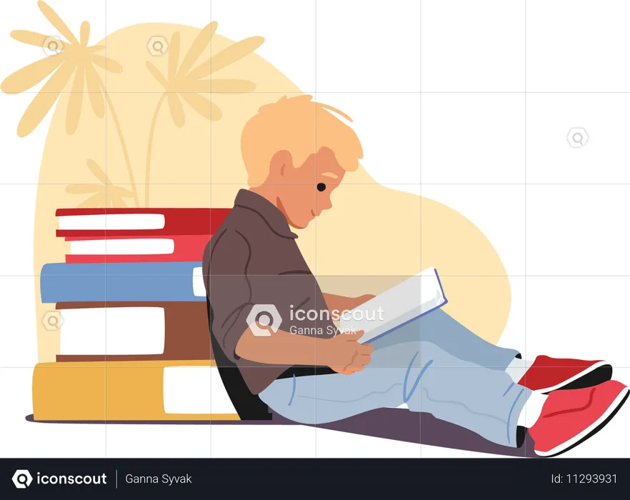 Niño feliz en edad preescolar leyendo recostado sobre una pila enorme de libros de texto de tapa dura de papel  Ilustración