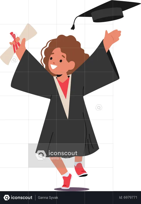 Niño feliz vestido con una toga de graduación  Ilustración