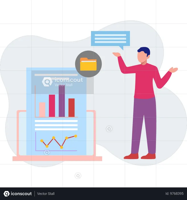 El chico hace un comentario en la carpeta de gráficos analíticos.  Ilustración