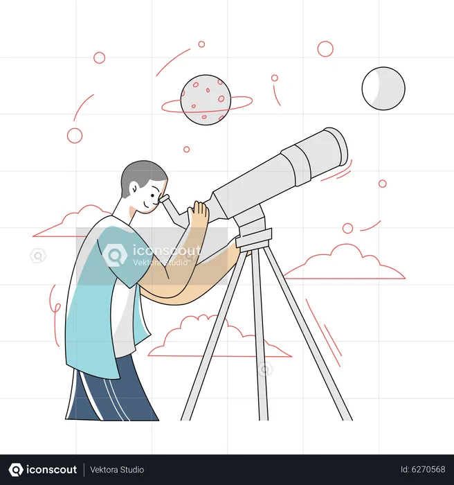 Niño haciendo observación astronómica.  Ilustración