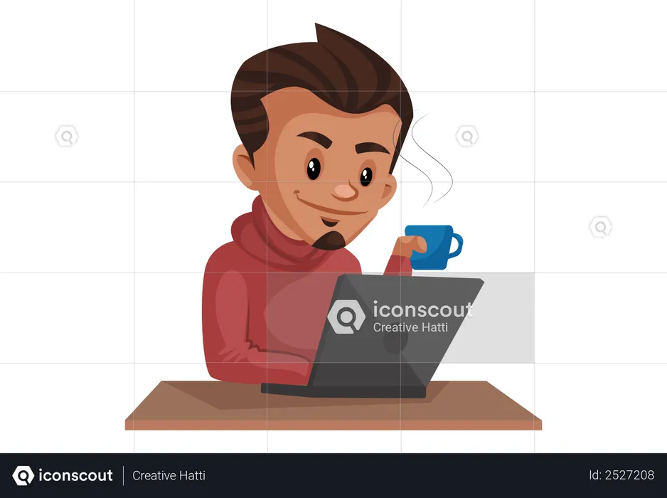 Niño indio sosteniendo una taza de café mientras trabajaba en la computadora portátil  Ilustración