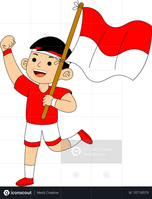 Niño indonesio corriendo con la bandera de Indonesia  Ilustración