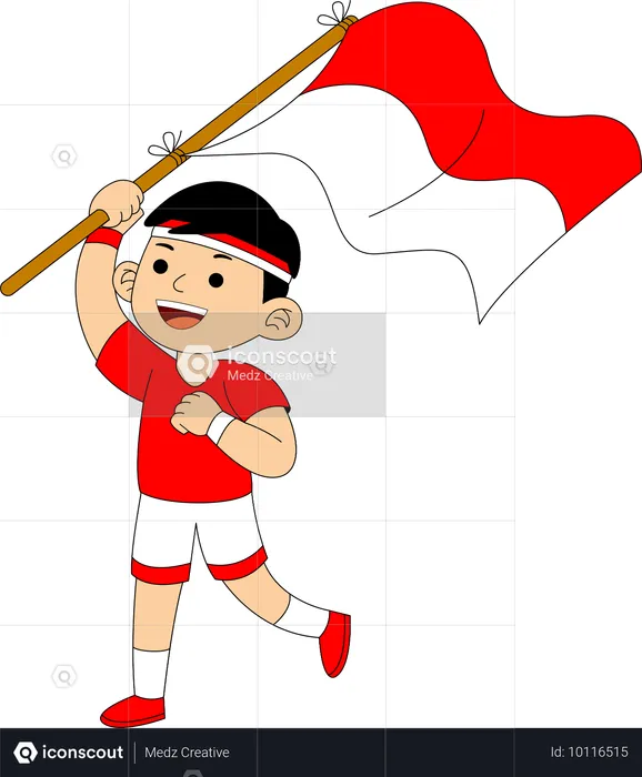 Niño indonesio sosteniendo la bandera de Indonesia  Ilustración