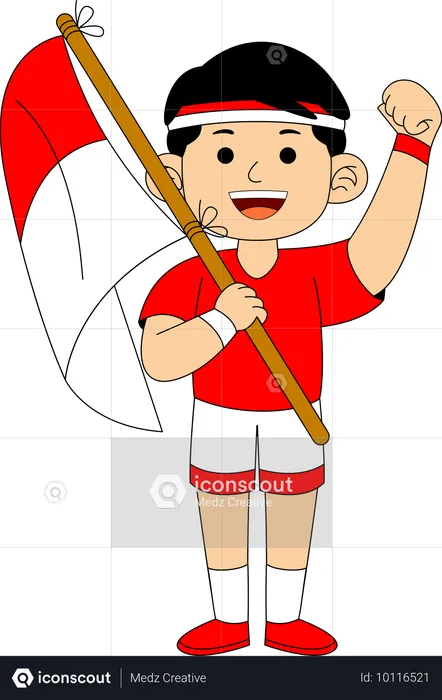 Niño indonesio sosteniendo la bandera de Indonesia  Ilustración