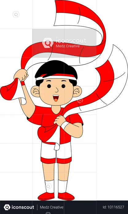 Niño indonesio sosteniendo la bandera de Indonesia  Ilustración