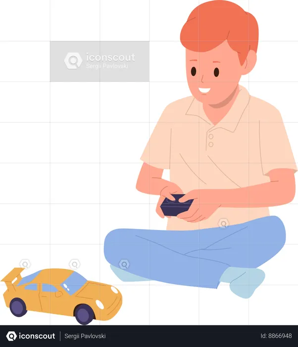 Niño jugando coche de juguete con joystick controlado por radio  Ilustración