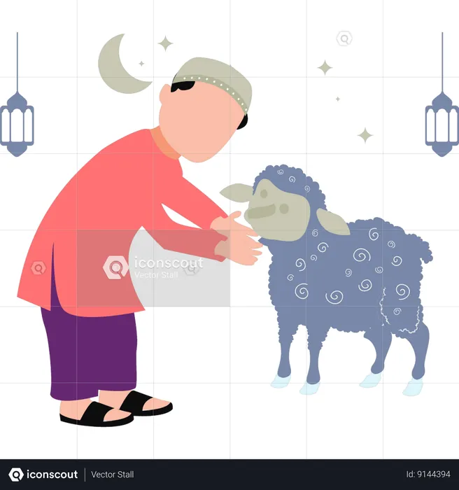 Niño jugando con animales de Eid  Ilustración