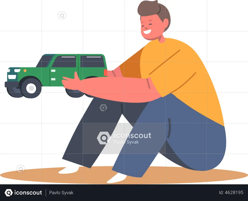 Niño jugando con coche de juguete  Ilustración