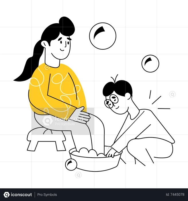 Niño lavando los pies de la madre  Ilustración