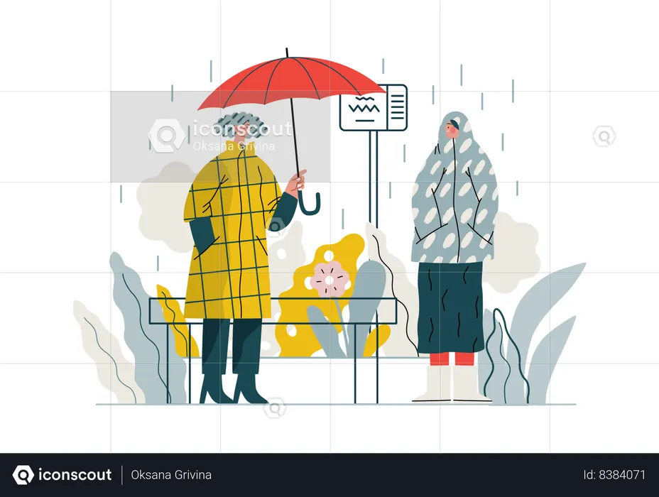 El niño ofrece un paraguas a la niña bajo una fuerte lluvia  Ilustración
