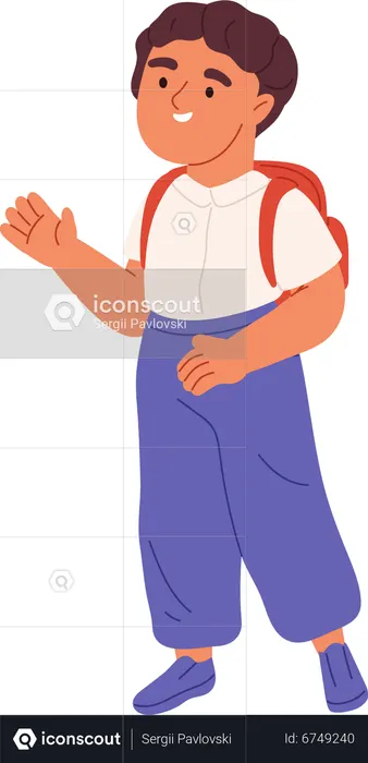 Un chico lindo va a la escuela por la mañana saludando a sus padres con la mano  Ilustración