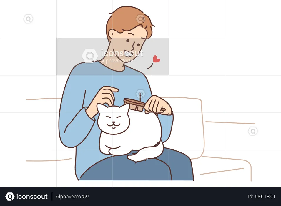 Niño mimando gato mascota  Ilustración