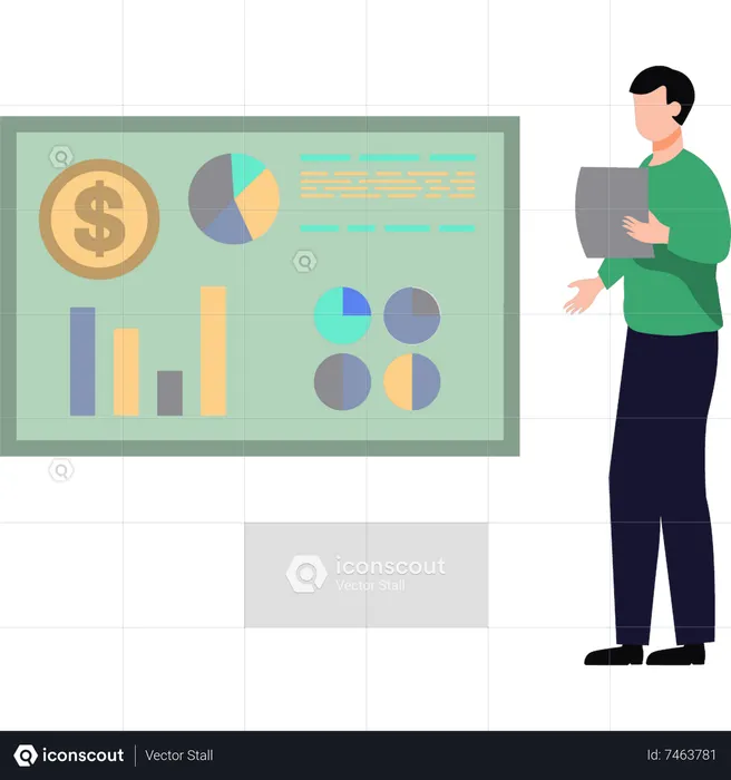 Niño mirando el tablero gráfico del dólar  Ilustración