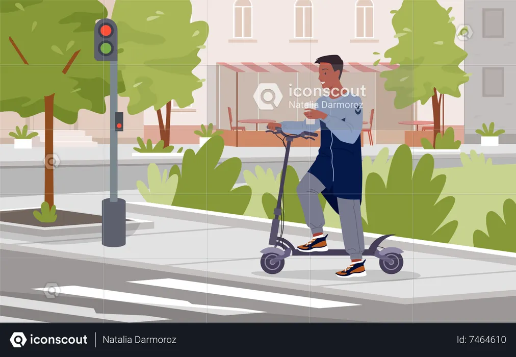 Niño montando scooter eléctrico en la ciudad  Ilustración