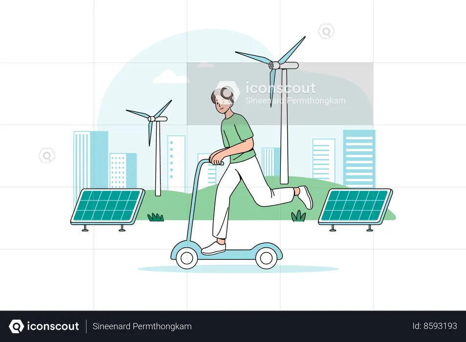 Niño montando scooter eléctrico de energía renovable  Ilustración