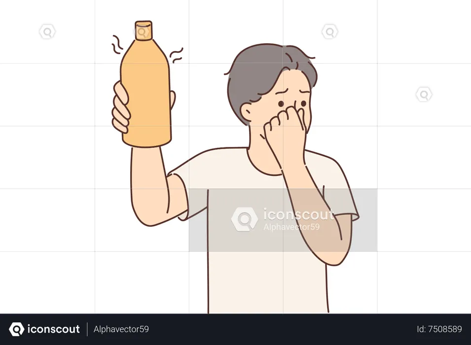 Niño mostrando una botella de bebida caducada  Ilustración