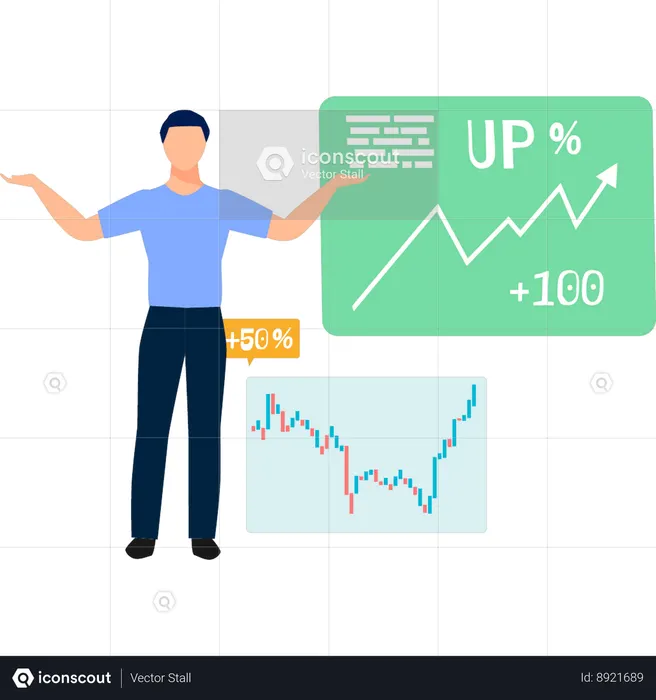 Niño mostrando gráfico de marketing financiero  Ilustración