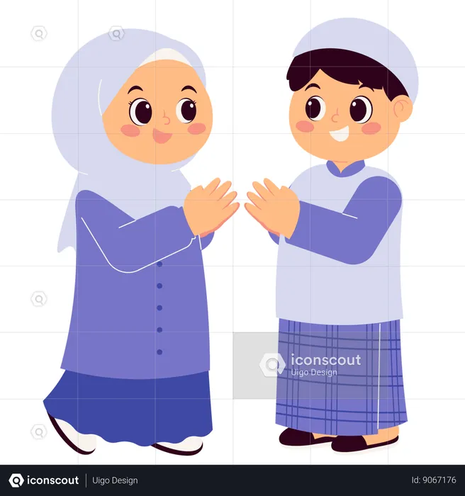 Niño musulmán celebrando Eid Mubarak da saludos  Ilustración