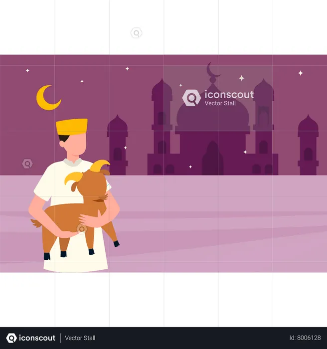 Niño musulmán sosteniendo una cabra en su mano  Ilustración