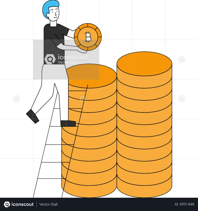 Niño obteniendo ganancias de la inversión en Bitcoin  Ilustración