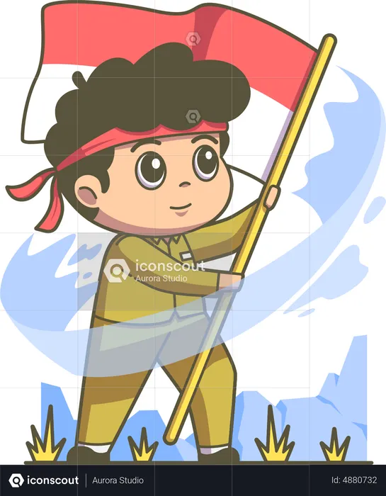 Niño ondeando la bandera de Indonesia durante el día de la independencia  Ilustración