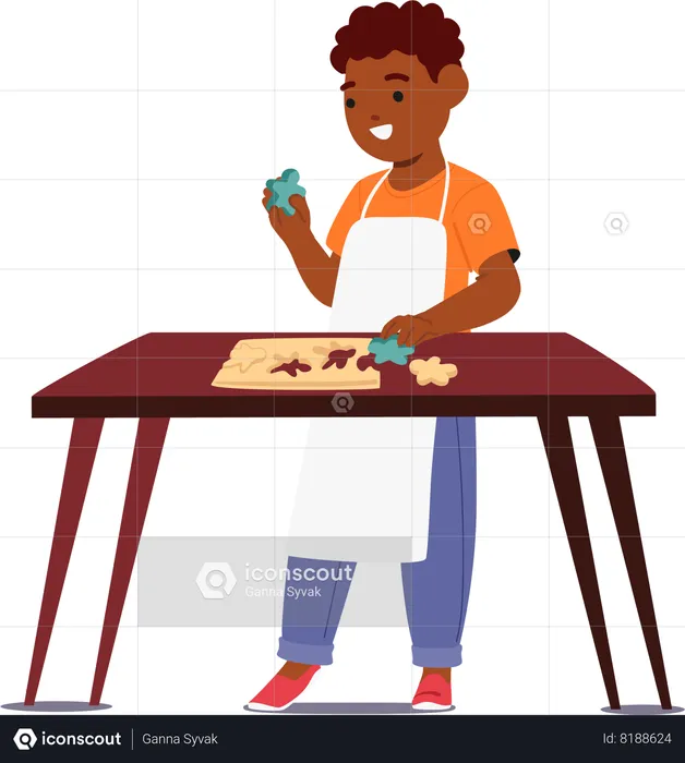 Niño pequeño horneando galletas  Ilustración
