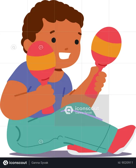 Un niño pequeño se sienta en el suelo y agita maracas  Ilustración