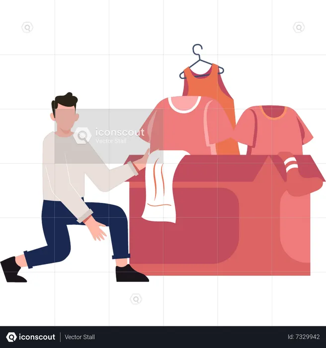 Niño recogiendo ropa para donar  Ilustración