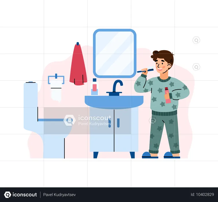 El niño se cepilla los dientes con cepillo de dientes y pasta de dientes en el baño.  Ilustración