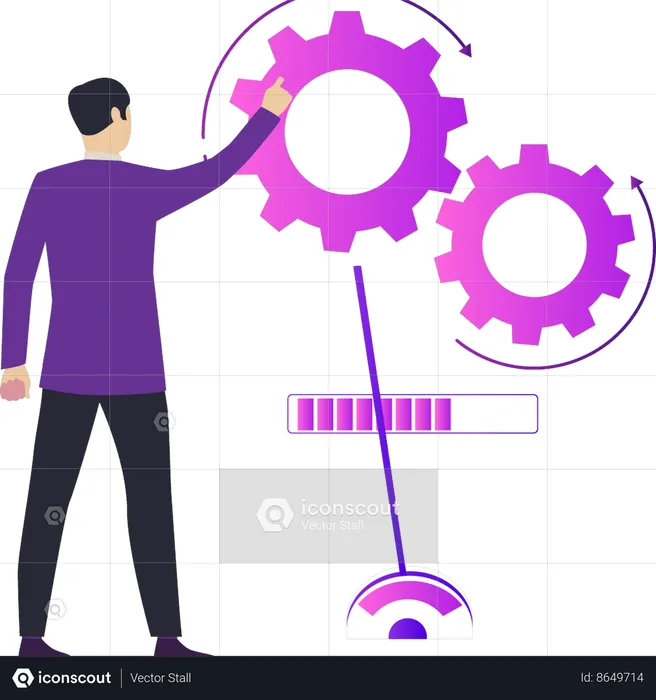 Niño apuntando a la configuración de la rueda dentada  Ilustración