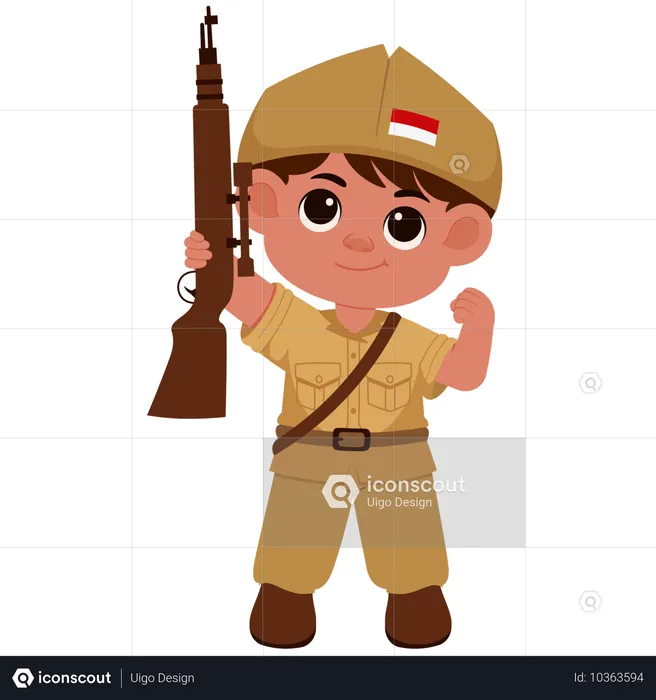 Niño soldado indonesio con rifle  Ilustración