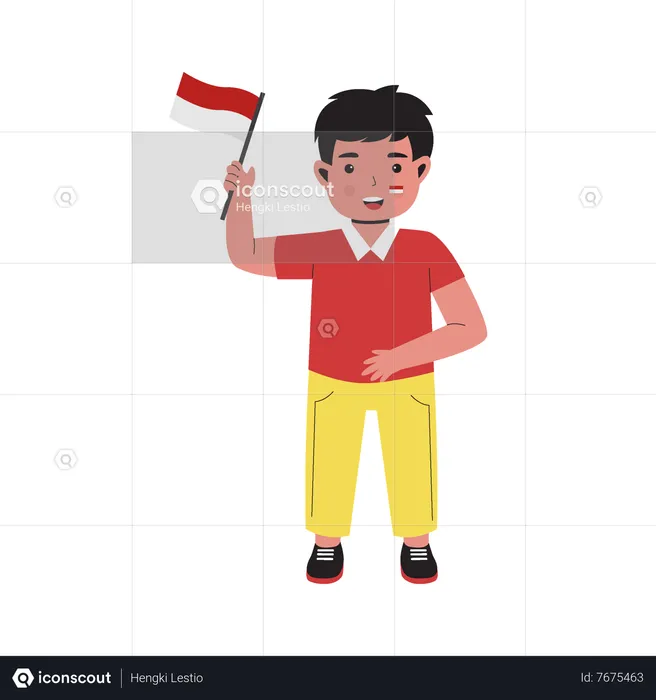 Niño sosteniendo la bandera y celebrando el día de la independencia de Indonesia  Ilustración