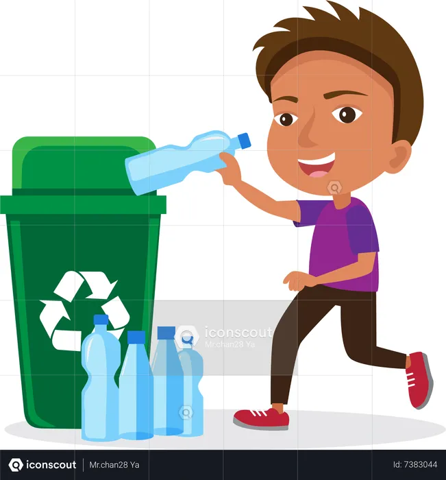 Un niño tira residuos plásticos a la papelera de reciclaje  Ilustración