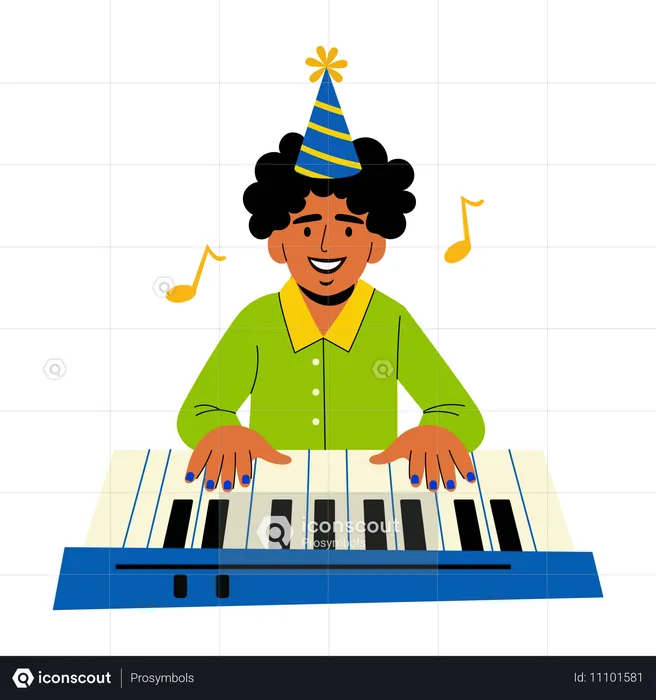 Niño tocando música de cumpleaños en el piano  Ilustración